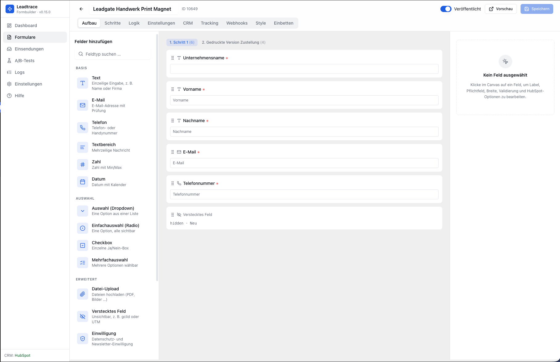 Formular-Editor von Leadtrace Formbuilder im WordPress-Admin