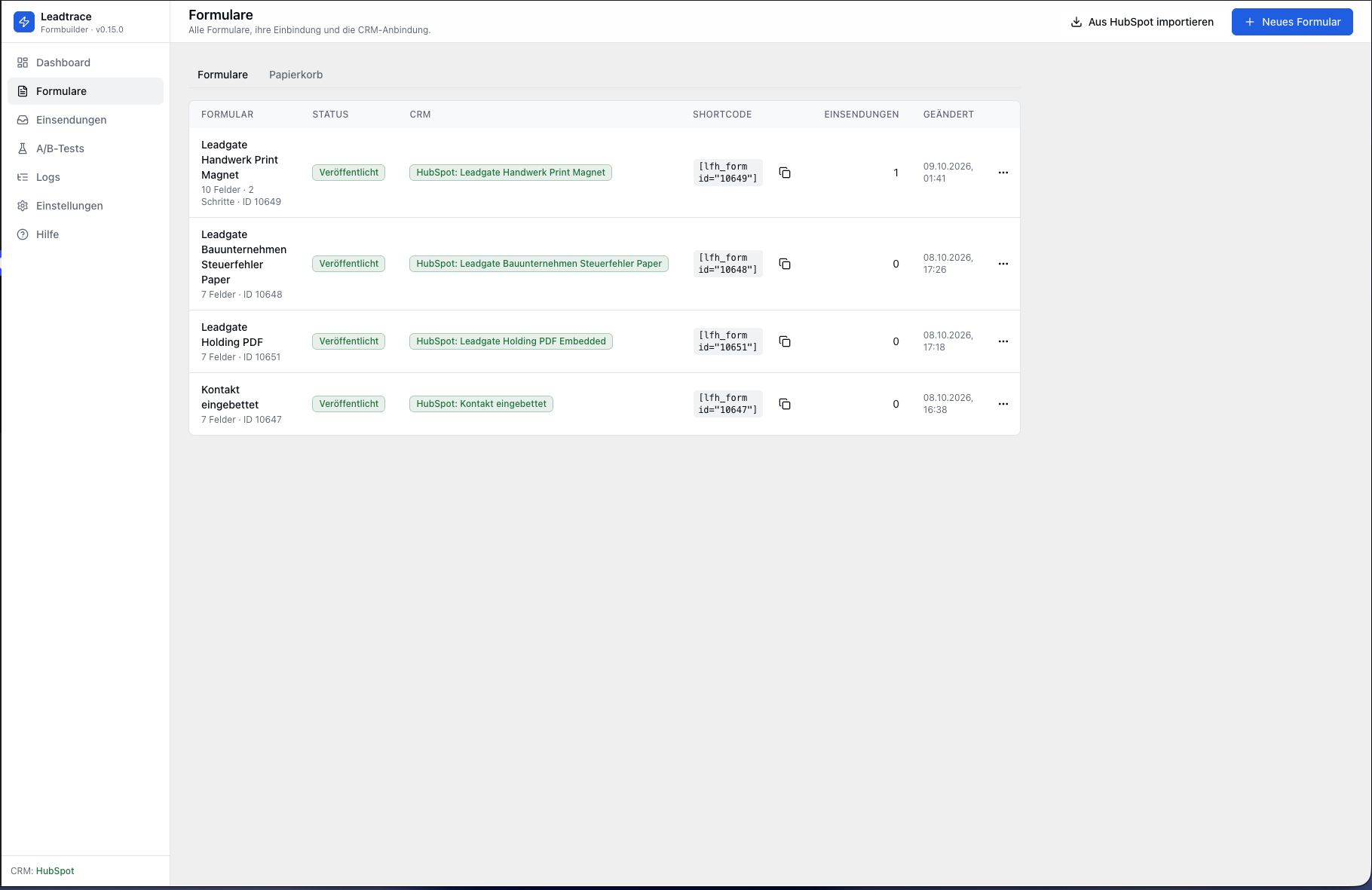Formular-Übersicht in Leadtrace mit HubSpot-Zuordnung je Formular