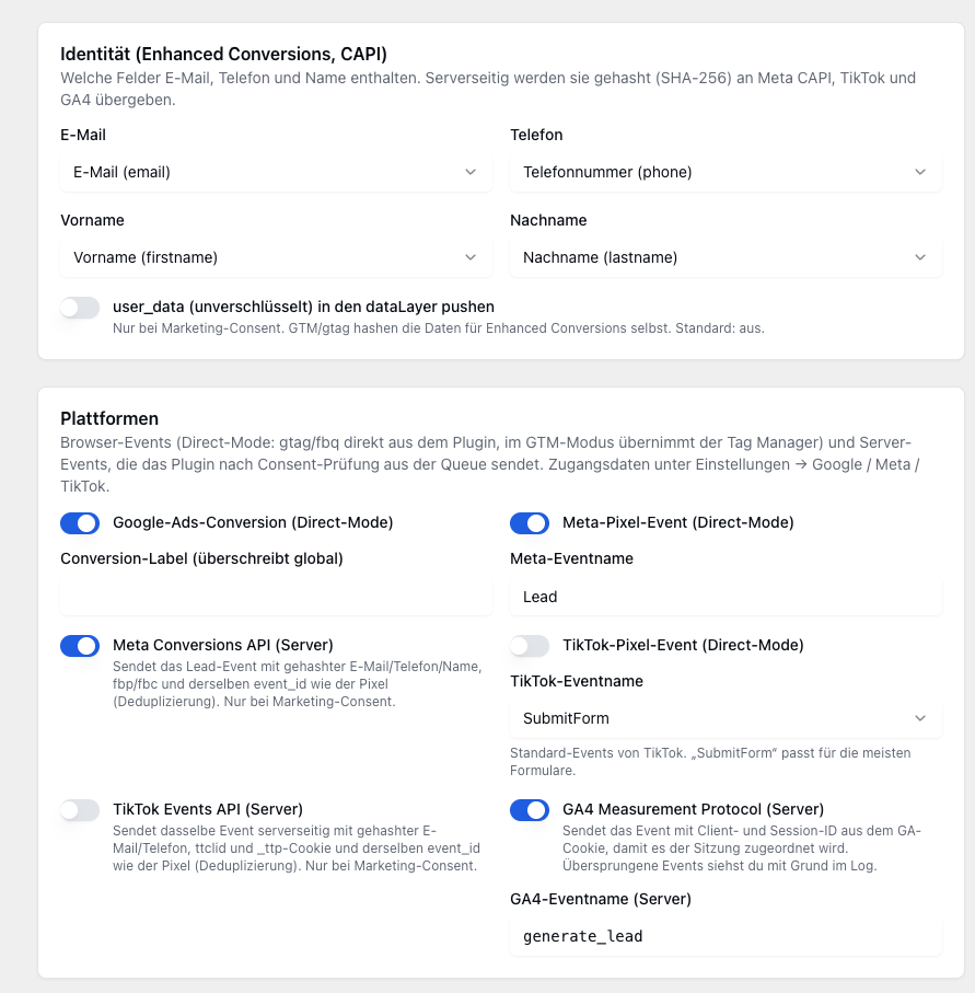 Plattformen per Schalter: Google Ads, Meta Pixel, Meta Conversions API, GA4